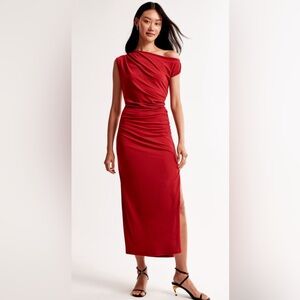 Abercrombie & Fitch Asymmetrical Draped Scoop Neck Maxi Dress-Size L/Tall-Red